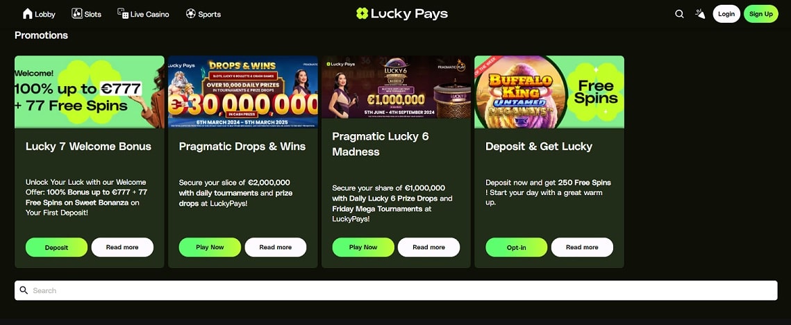 Lucky Pays casino promotions screenshot