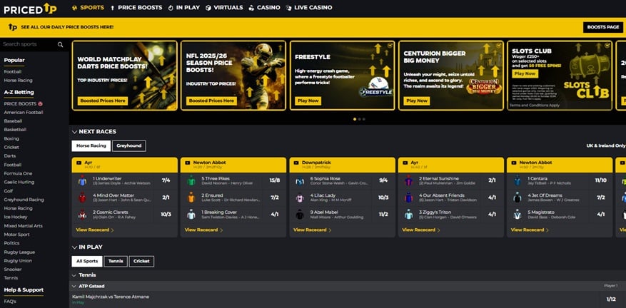 PricedUp racing betting site screenshot