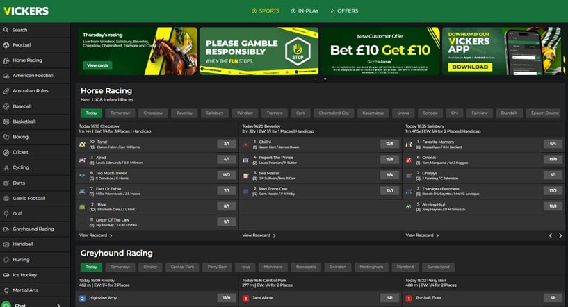 Vickers betting website screenshot