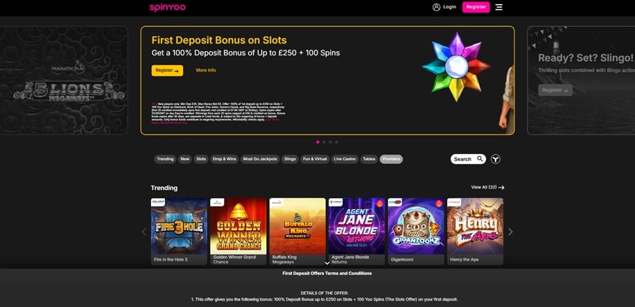 SpinYoo casino lobby and games screenshot