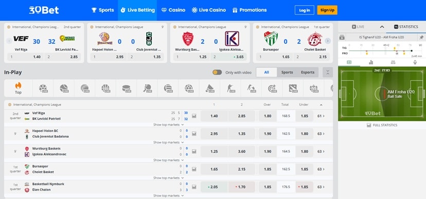 30Bet sportsbook markets and live betting screenshot