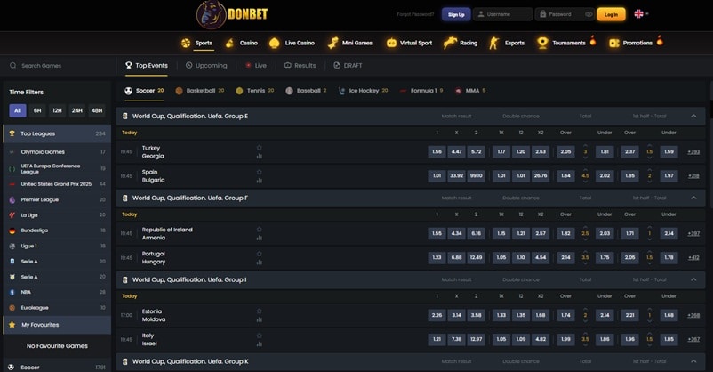 Donbet sportsbook in-play betting screenshot