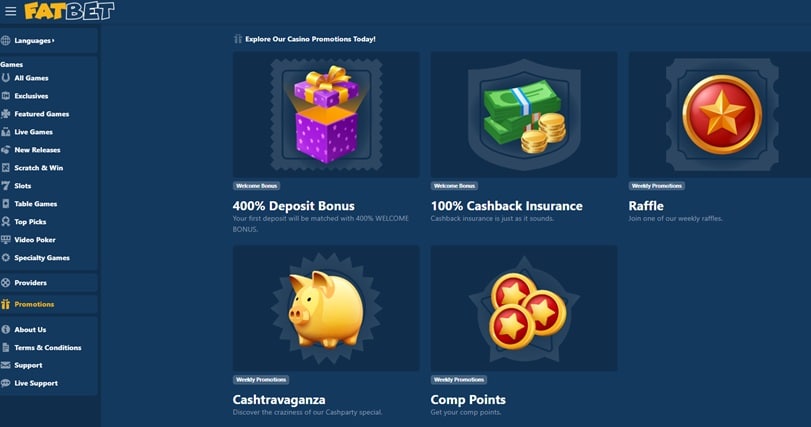 FatBet Casino welcome bonus and promotions screen