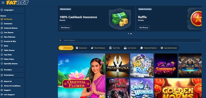 FatBet Casino website home page on desktop