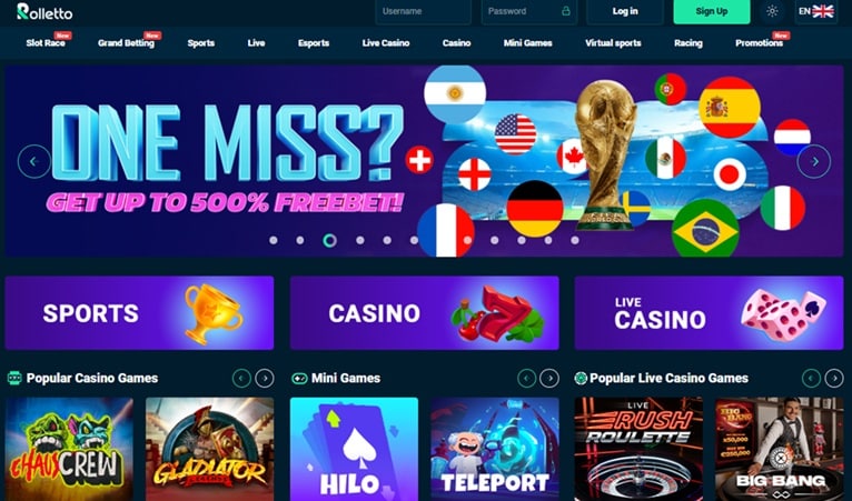 Rolletto Casino homepage screenshot