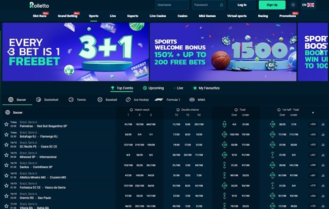 Rolletto sportsbook and betting markets screenshot