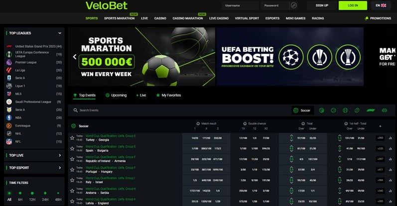 Velobet sportsbook page showing live betting markets