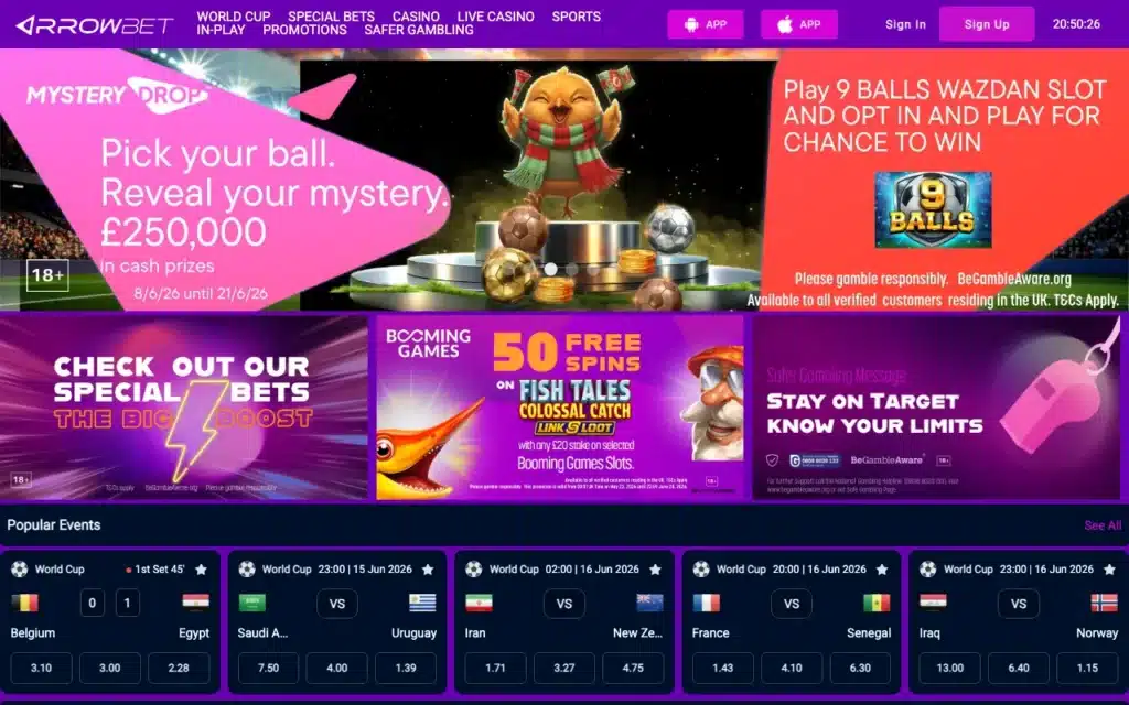 Arrowbet homepage screenshot