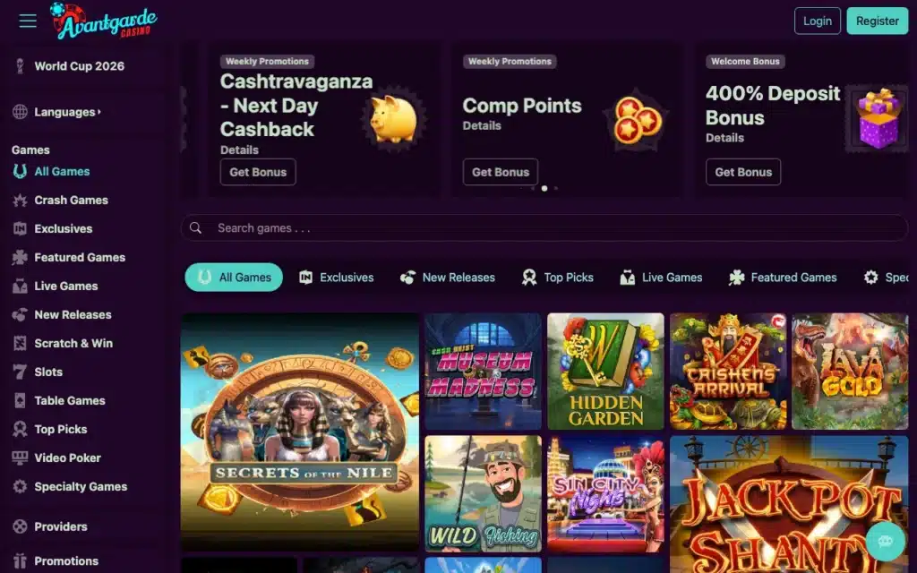 Avantgarde Casino homepage and lobby screenshot