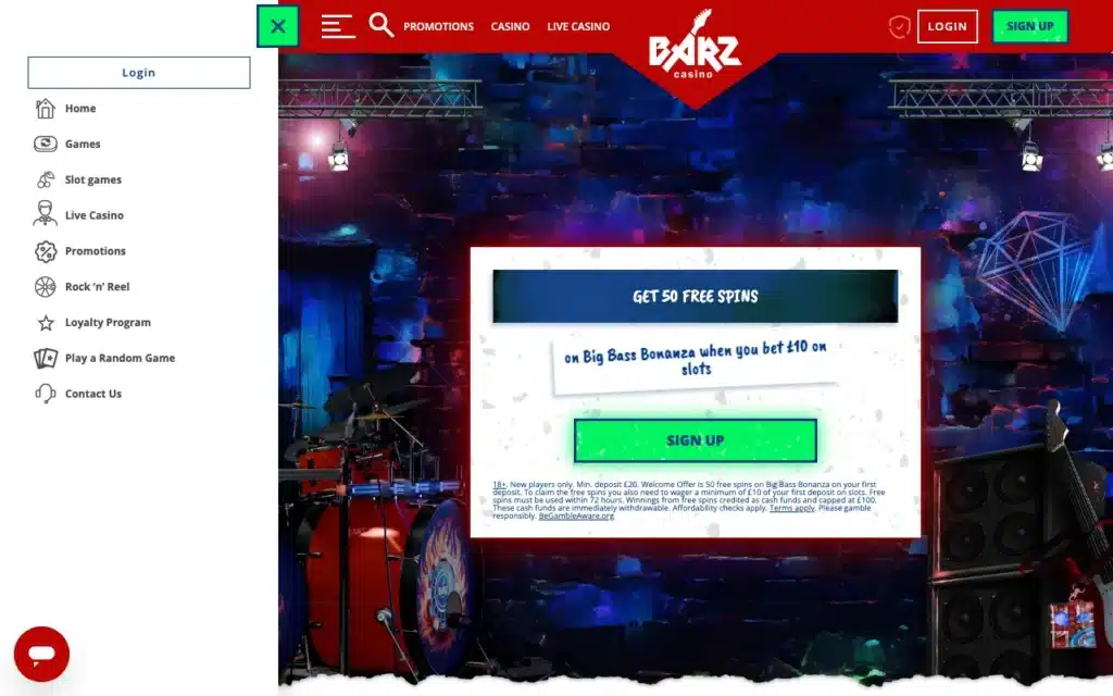 Barz Casino lobby and slots shown on the website