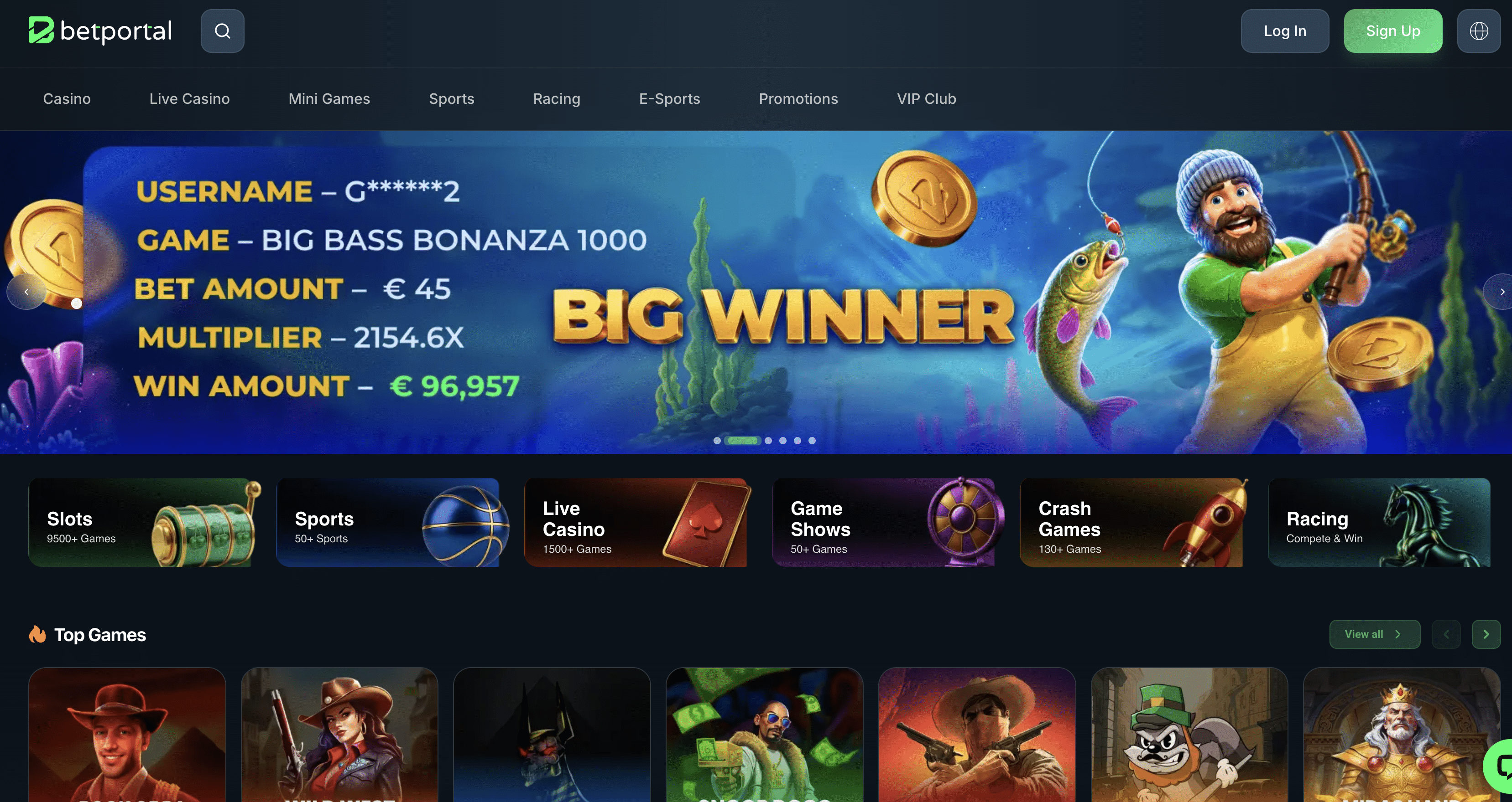 BetPortal casino homepage showing the lobby, sportsbook and promotions