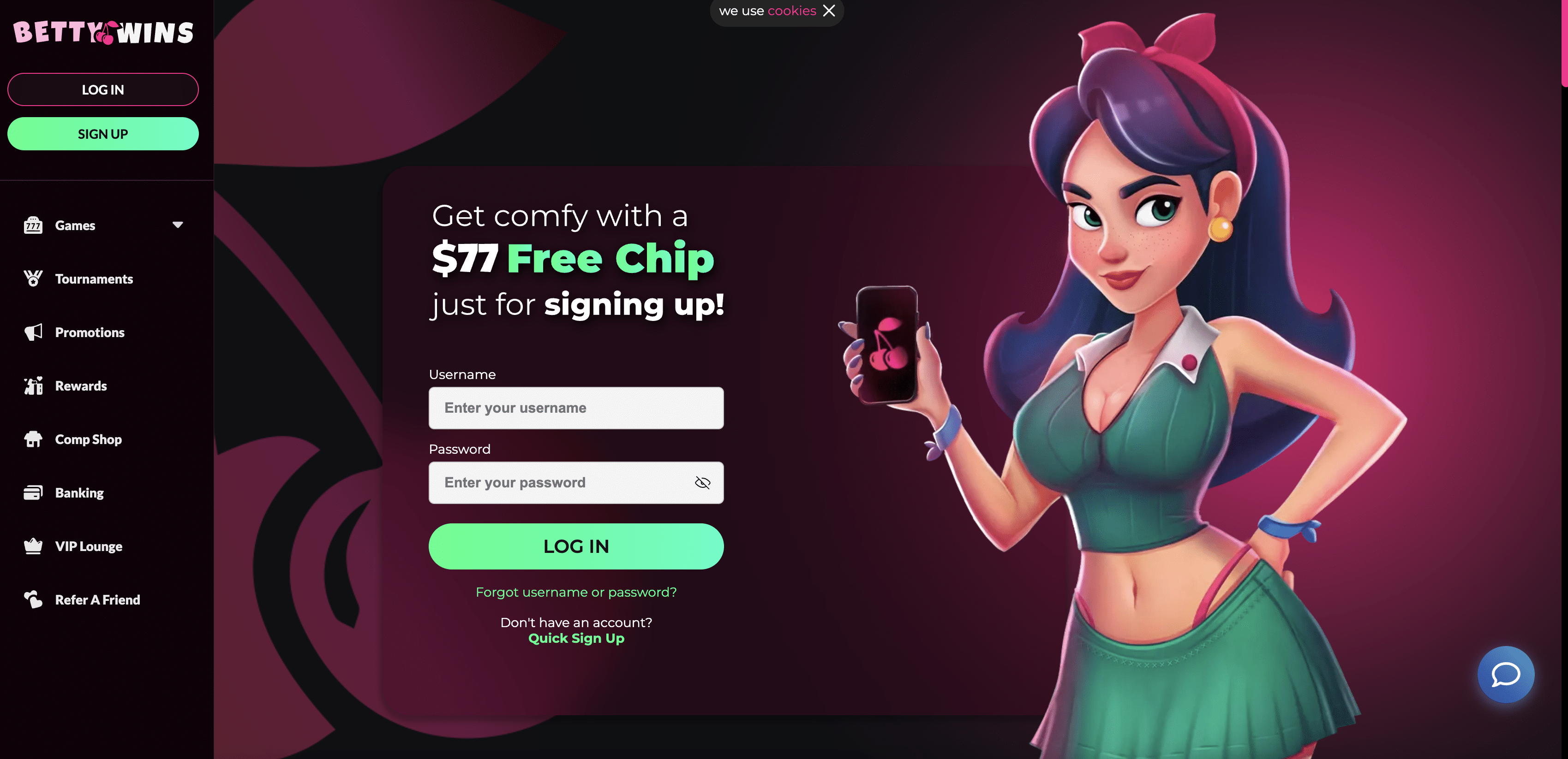 Betty Wins casino homepage screenshot showing the lobby and welcome offer