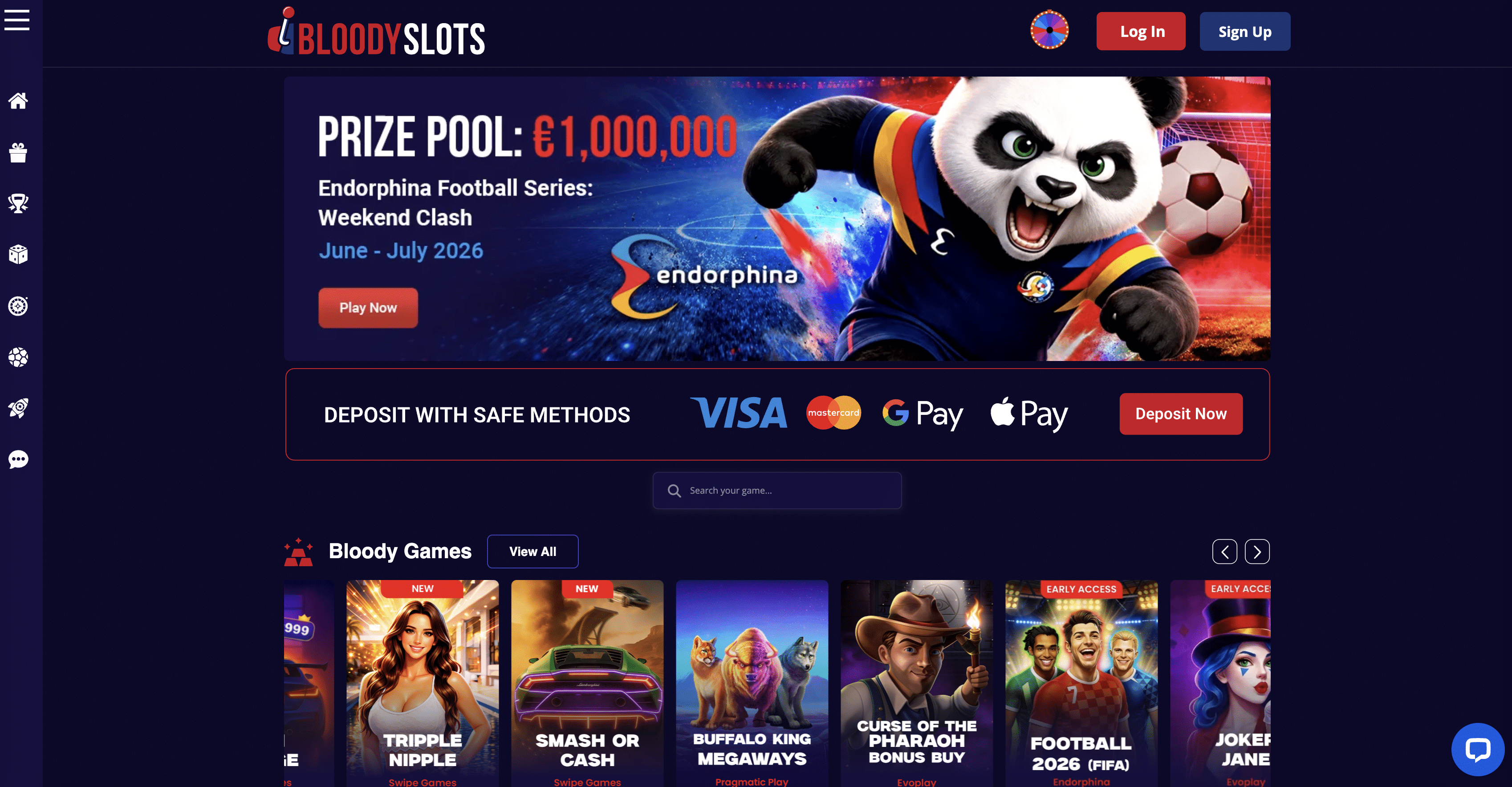 Bloody Slots casino homepage screenshot showing the horror-themed lobby and welcome offer