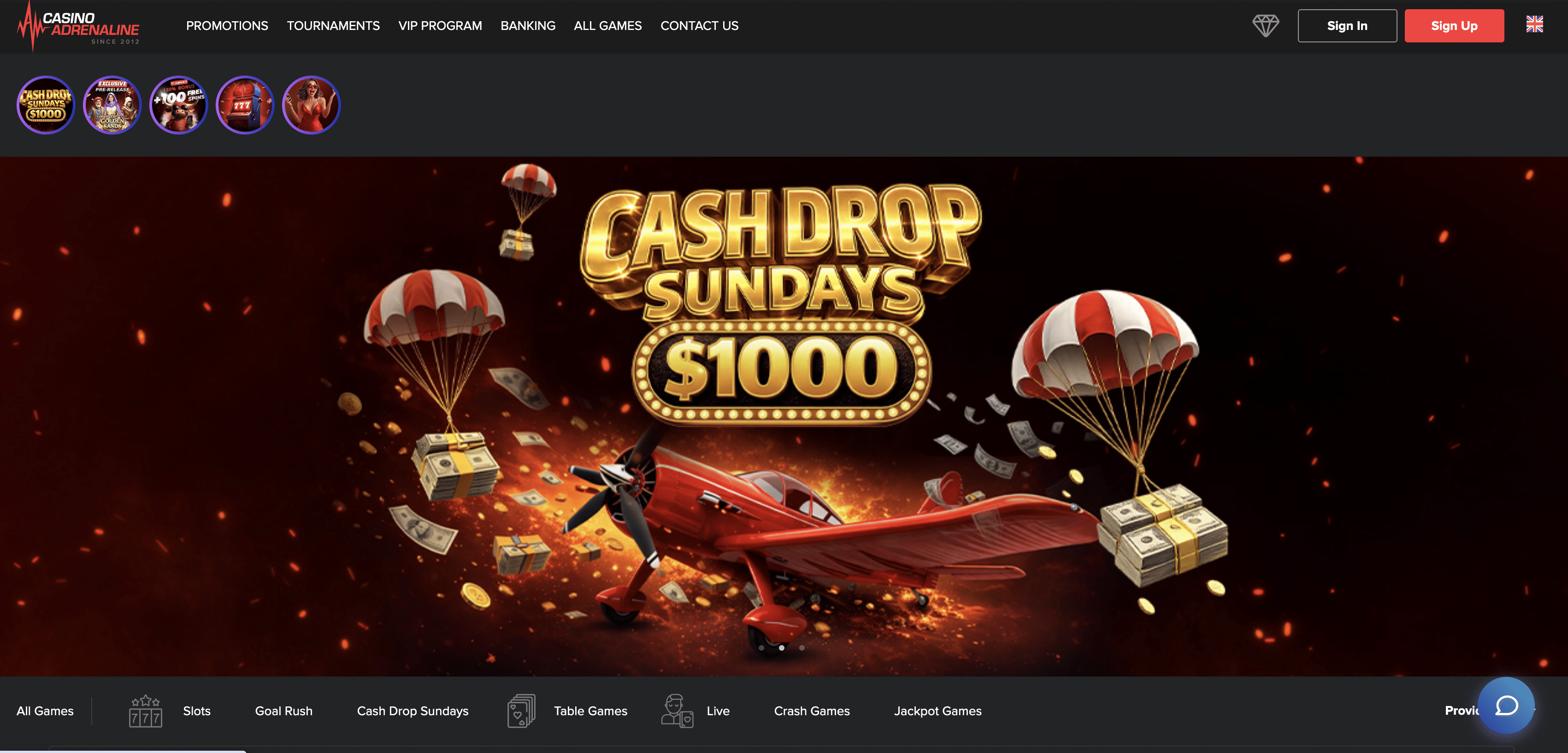Casino Adrenaline homepage screenshot, June 2026