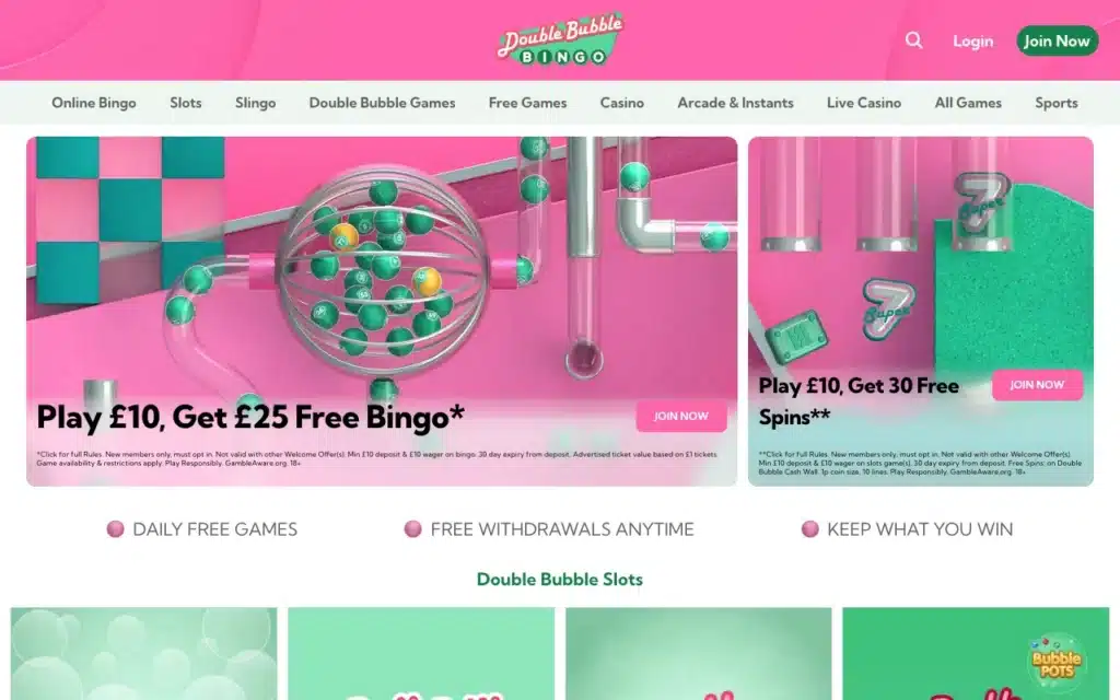 Double Bubble Bingo lobby screenshot showing bingo rooms and slots