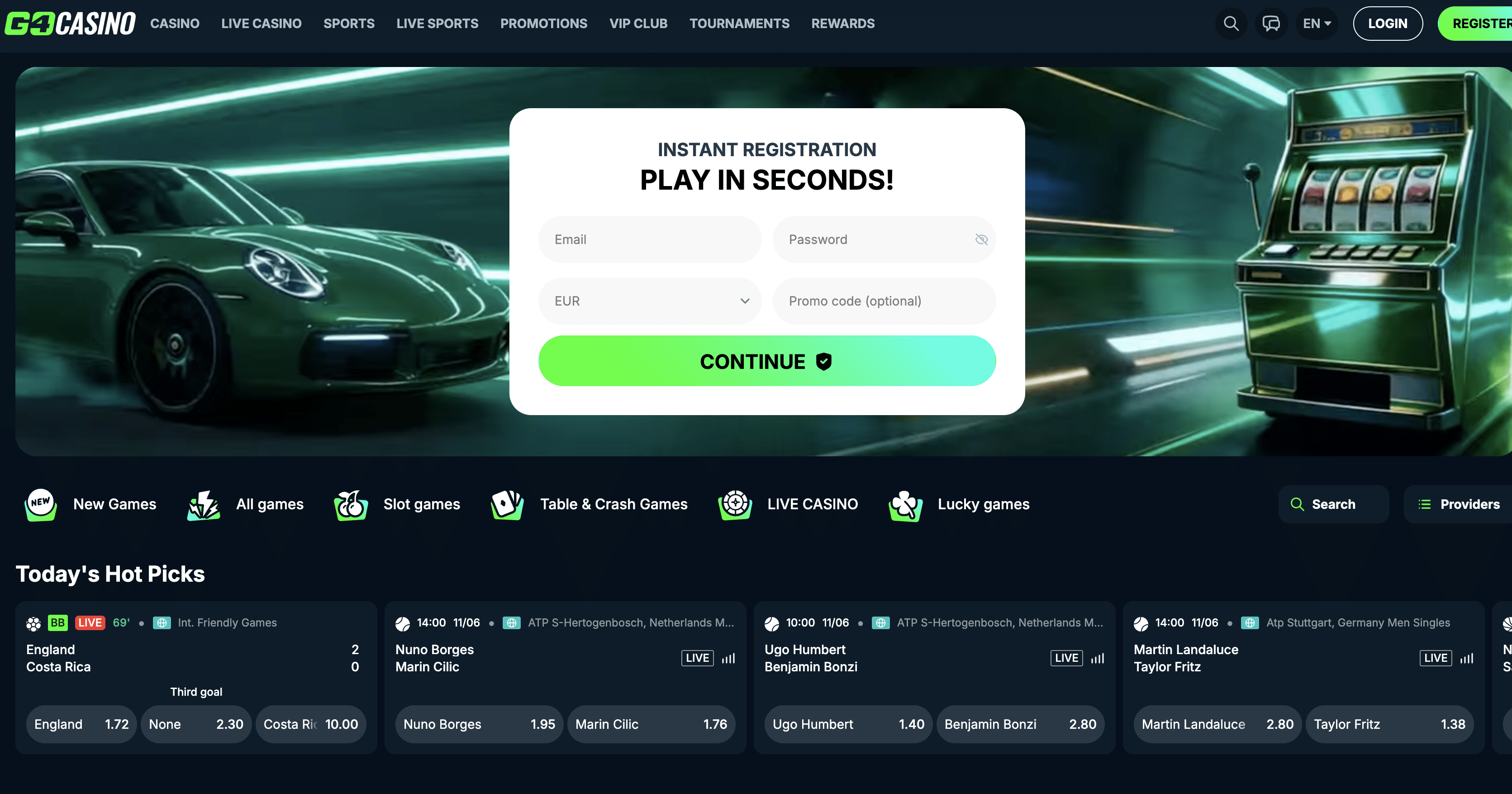 Go4Casino homepage screenshot showing the casino lobby and sportsbook