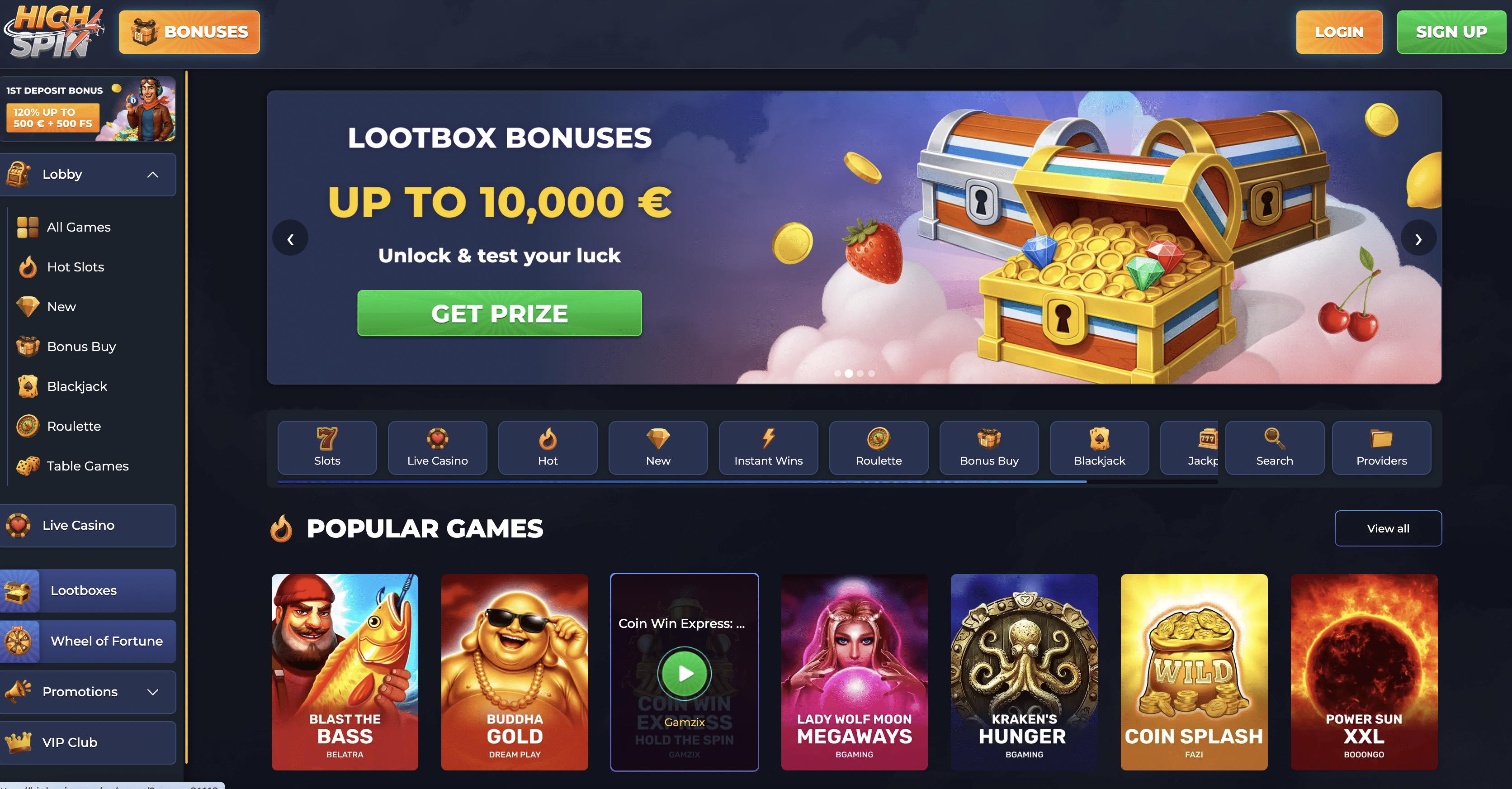 HighSpin casino homepage, June 2026