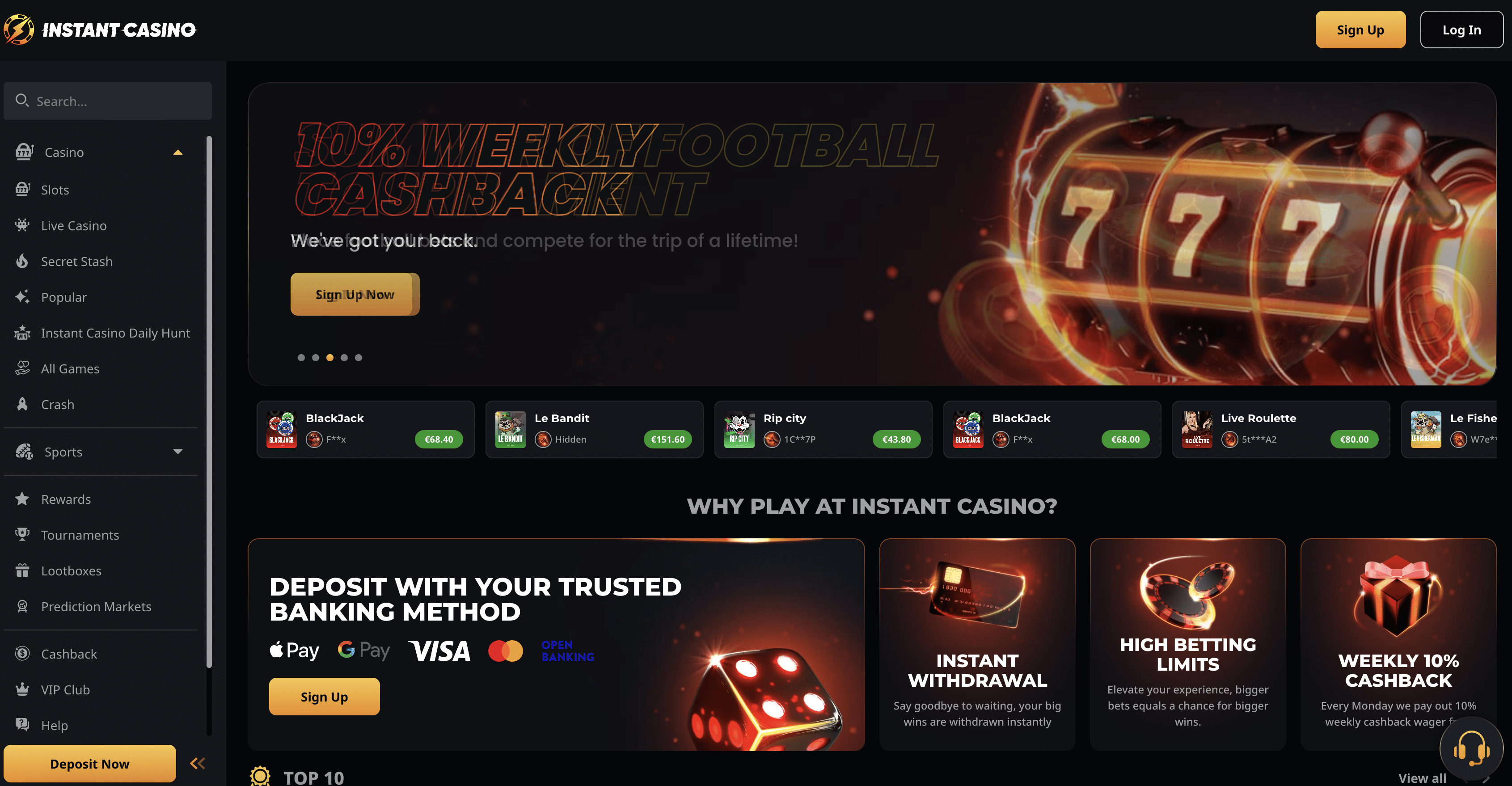 Instant Casino homepage screenshot showing the welcome bonus banner and game lobby