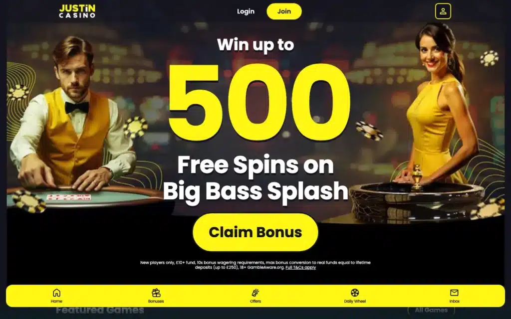 Justin Casino homepage screenshot