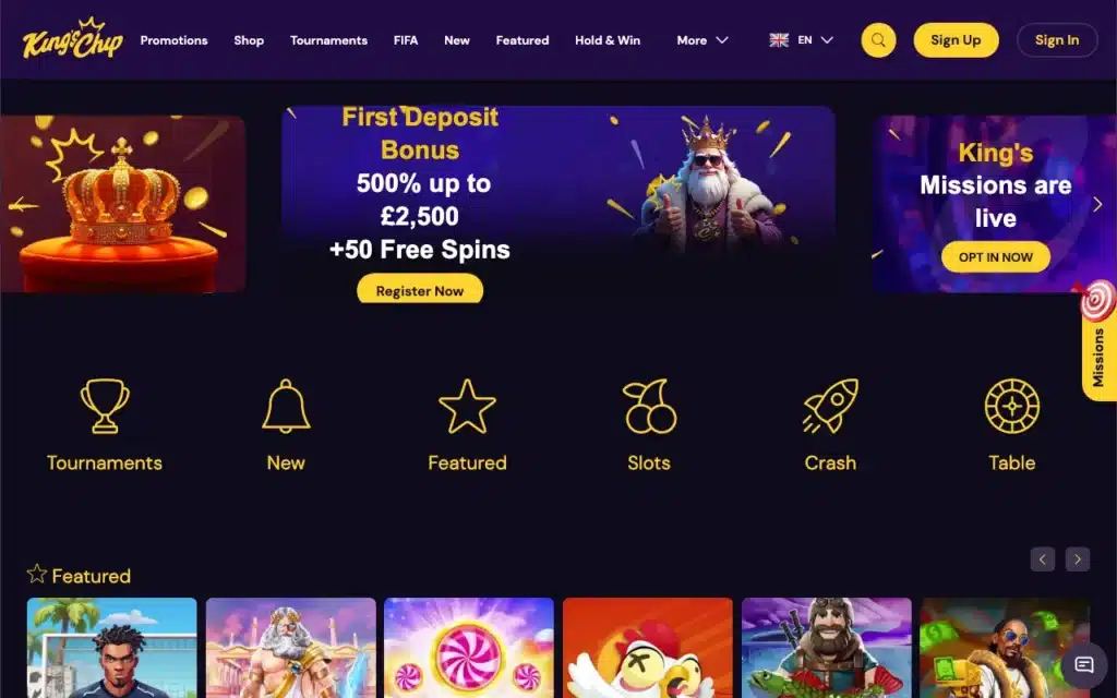 Kings Chip casino homepage screenshot