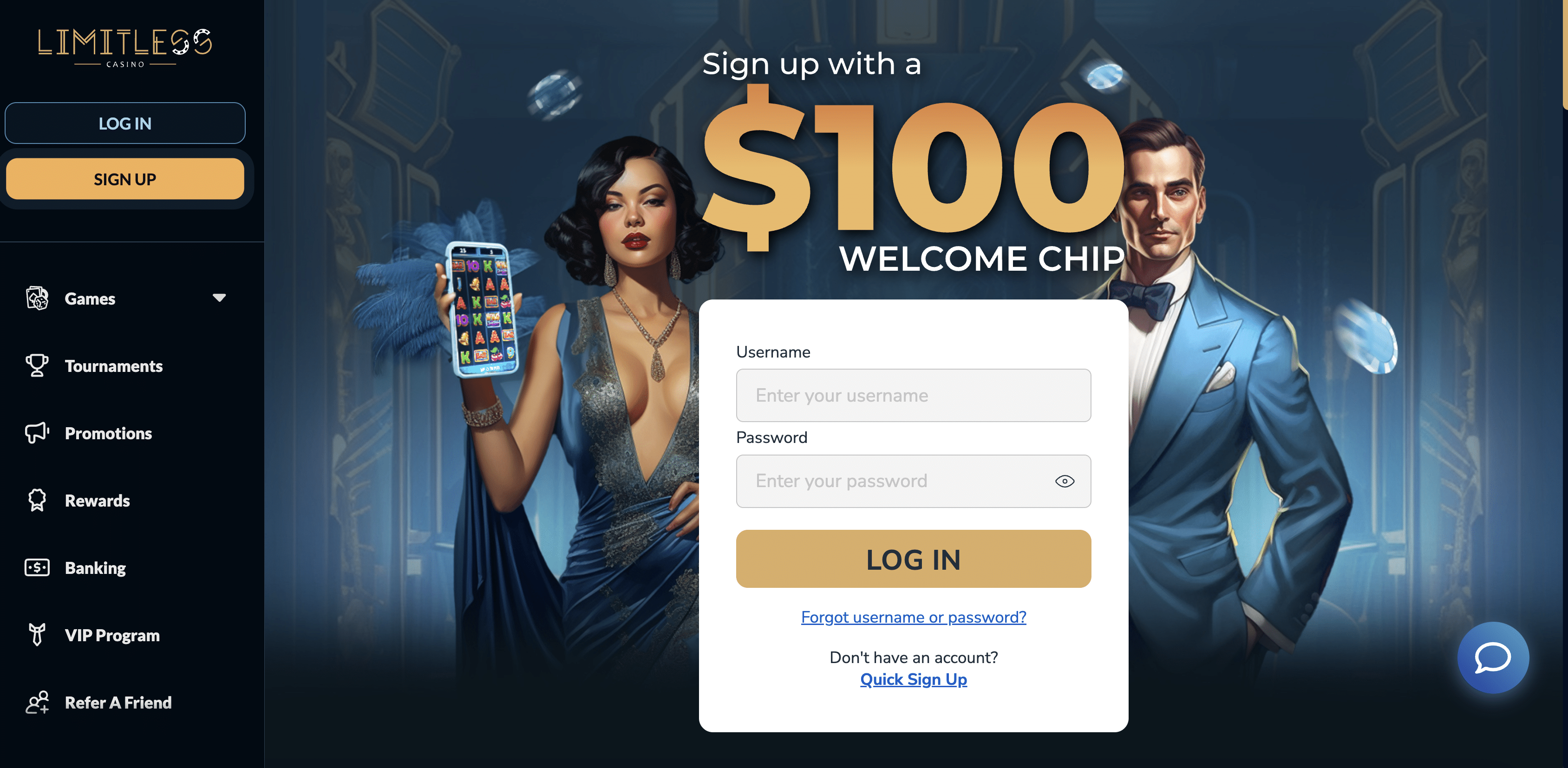 Limitless Casino homepage screenshot with the progressive jackpot ticker and speakeasy theme