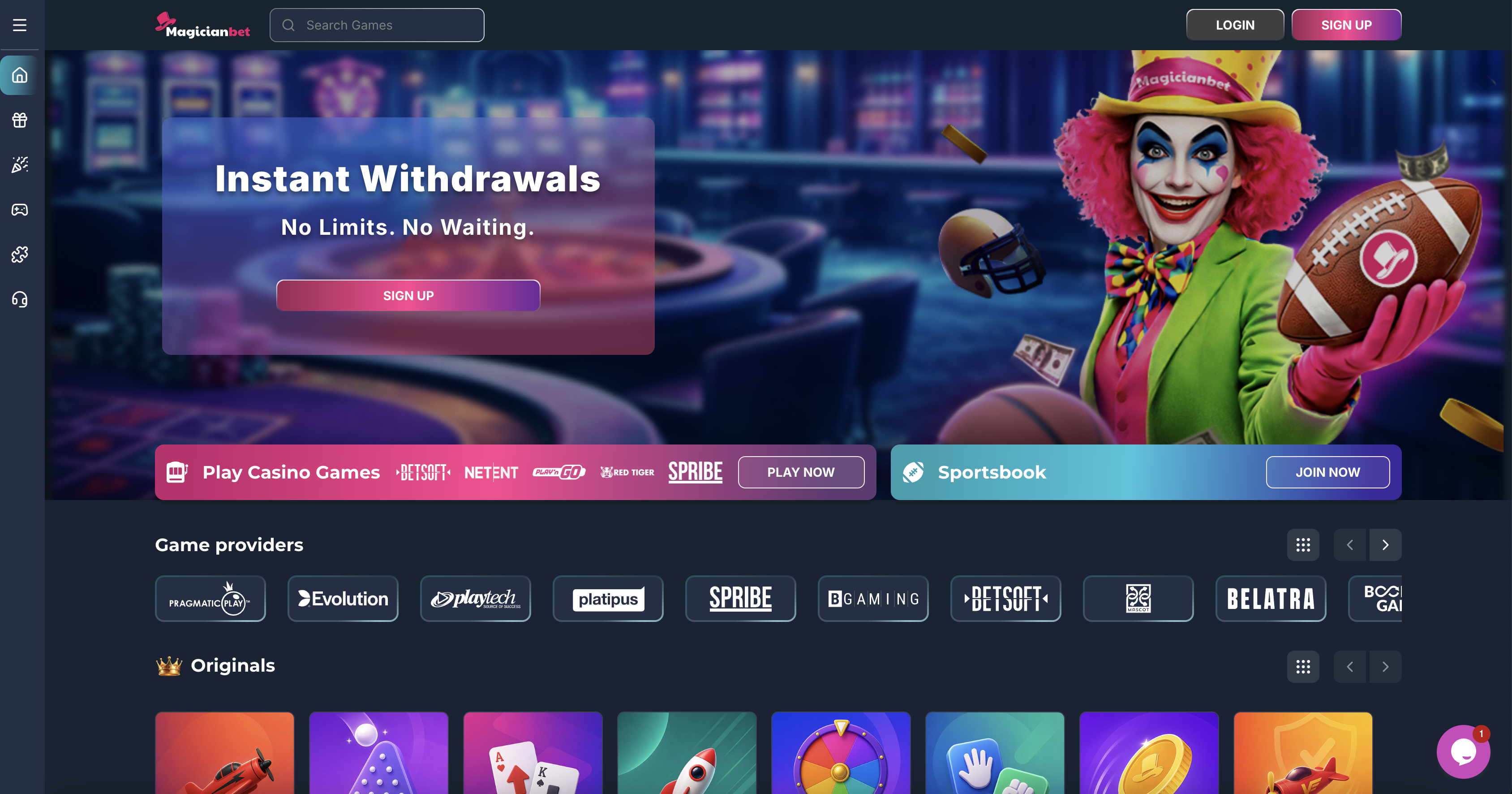 Magicianbet Casino homepage showing the crypto casino and sportsbook layout