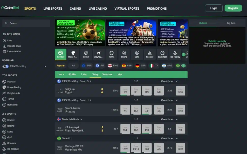 Octobet sportsbook and casino lobby screenshot
