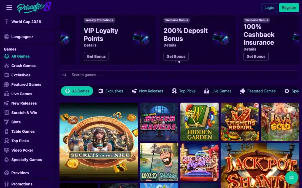 Paradise 8 casino homepage screenshot