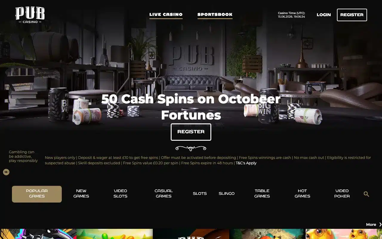 Pub Casino homepage screenshot