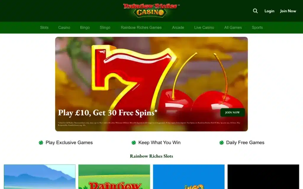 Rainbow Riches Casino lobby and slots screenshot