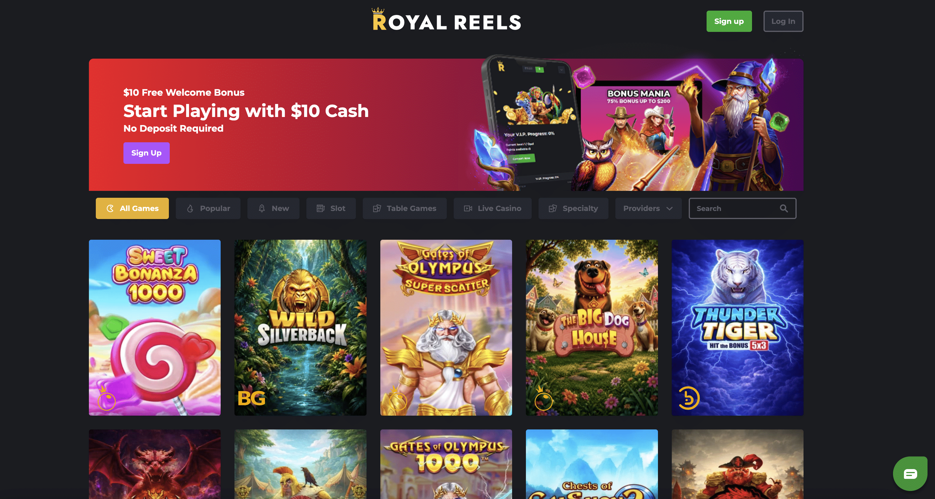 Royal Reels Casino homepage screenshot showing its pokies lobby