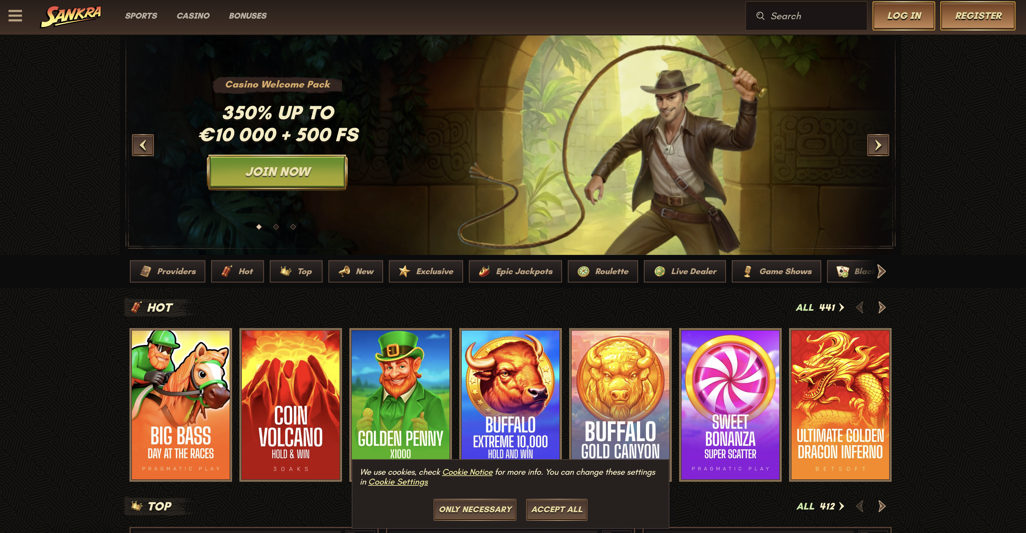 Sankra casino homepage showing the jungle adventure theme and game lobby