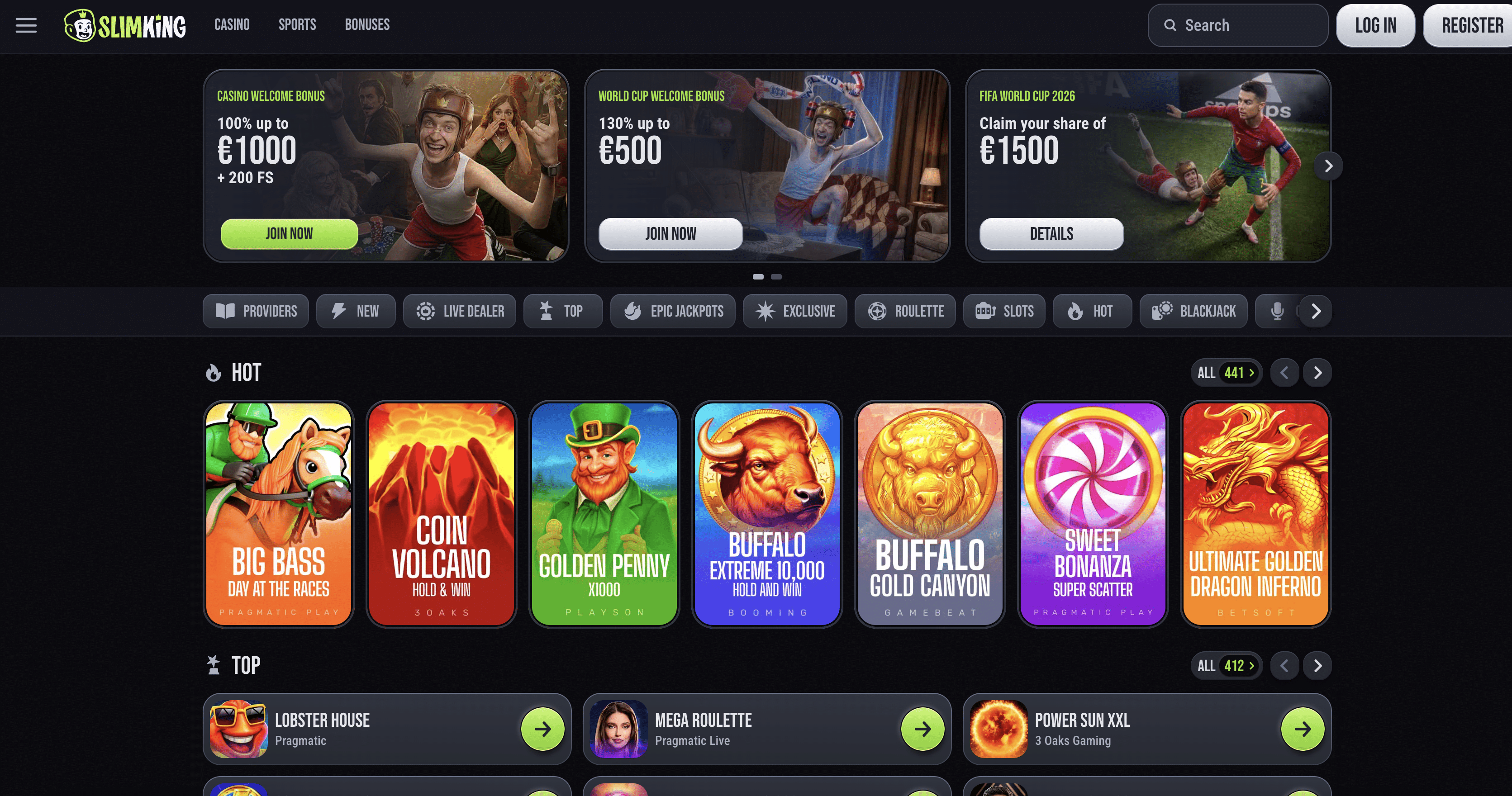 Slim King casino homepage screenshot, June 2026