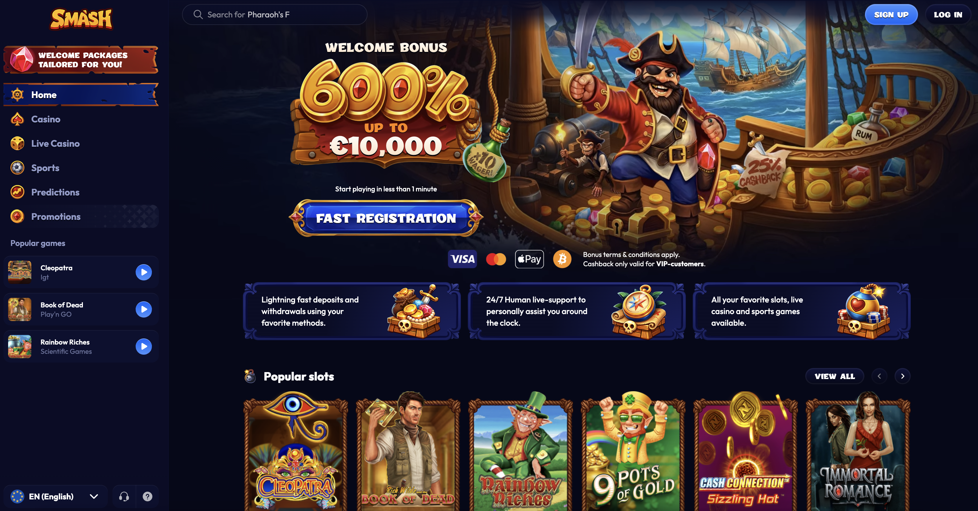 Smash Casino homepage screenshot showing the welcome package and games lobby