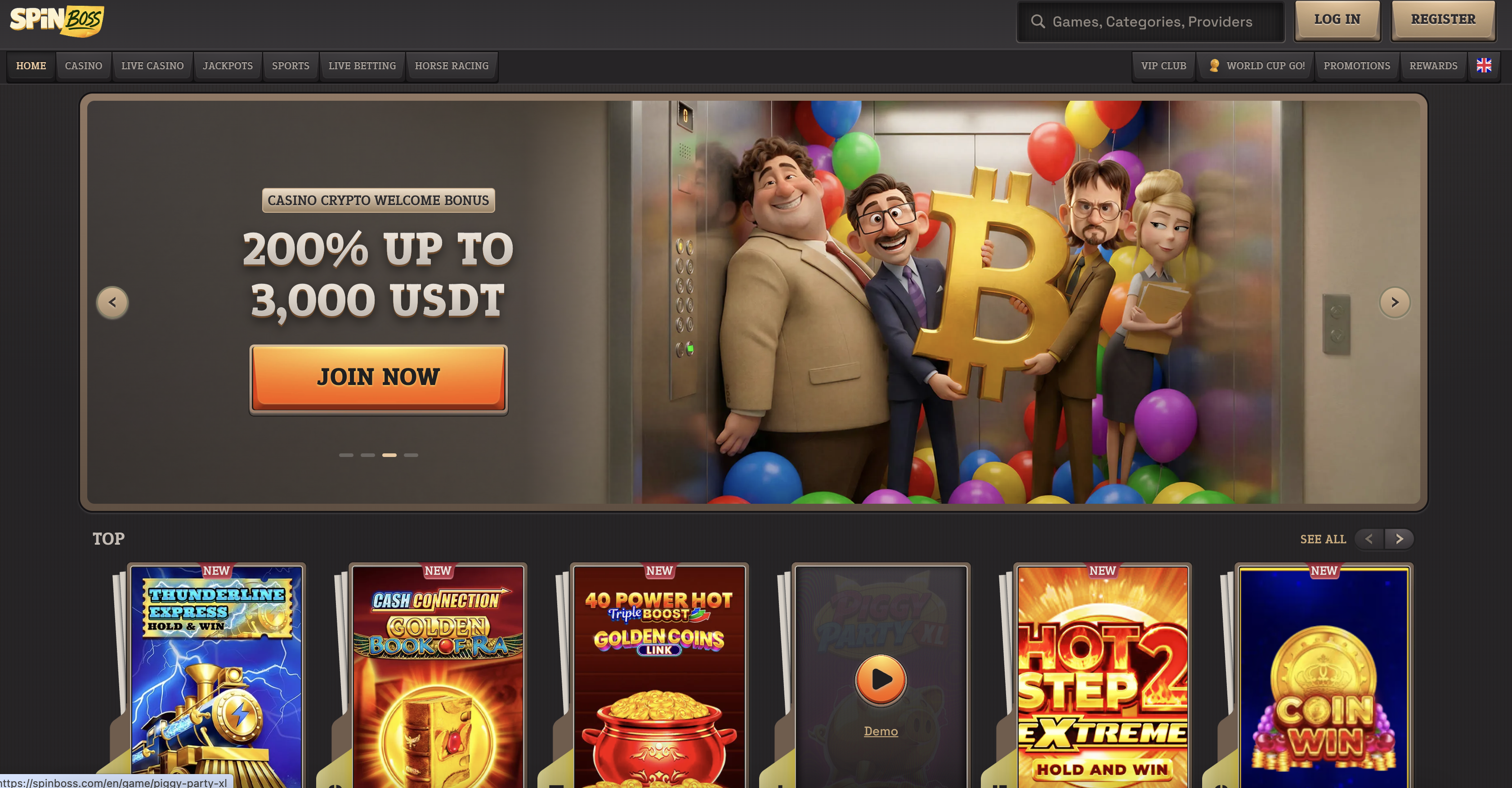SpinBoss casino homepage lobby screenshot