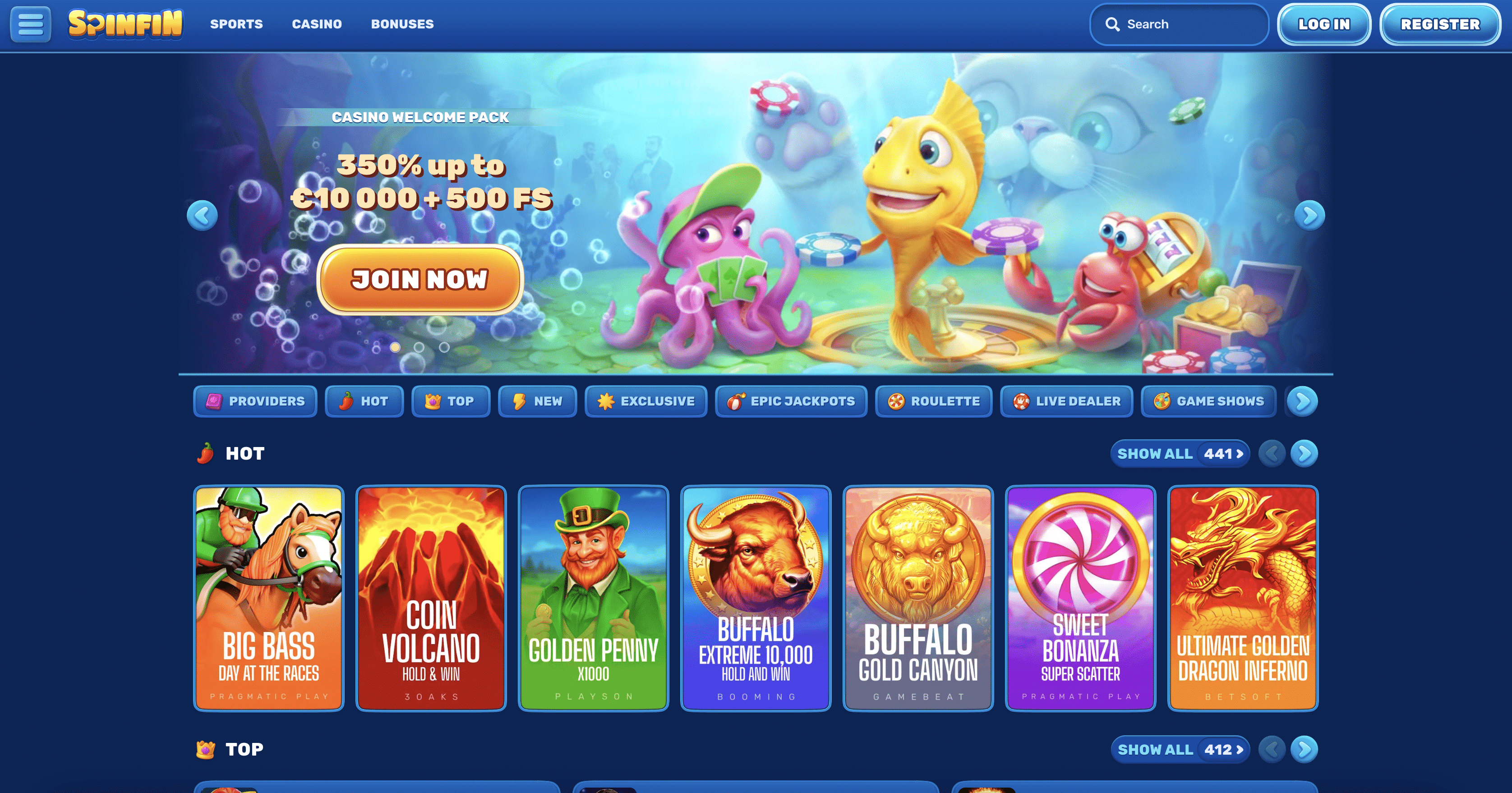 Spinfin casino homepage showing the aquatic theme, game lobby and sportsbook