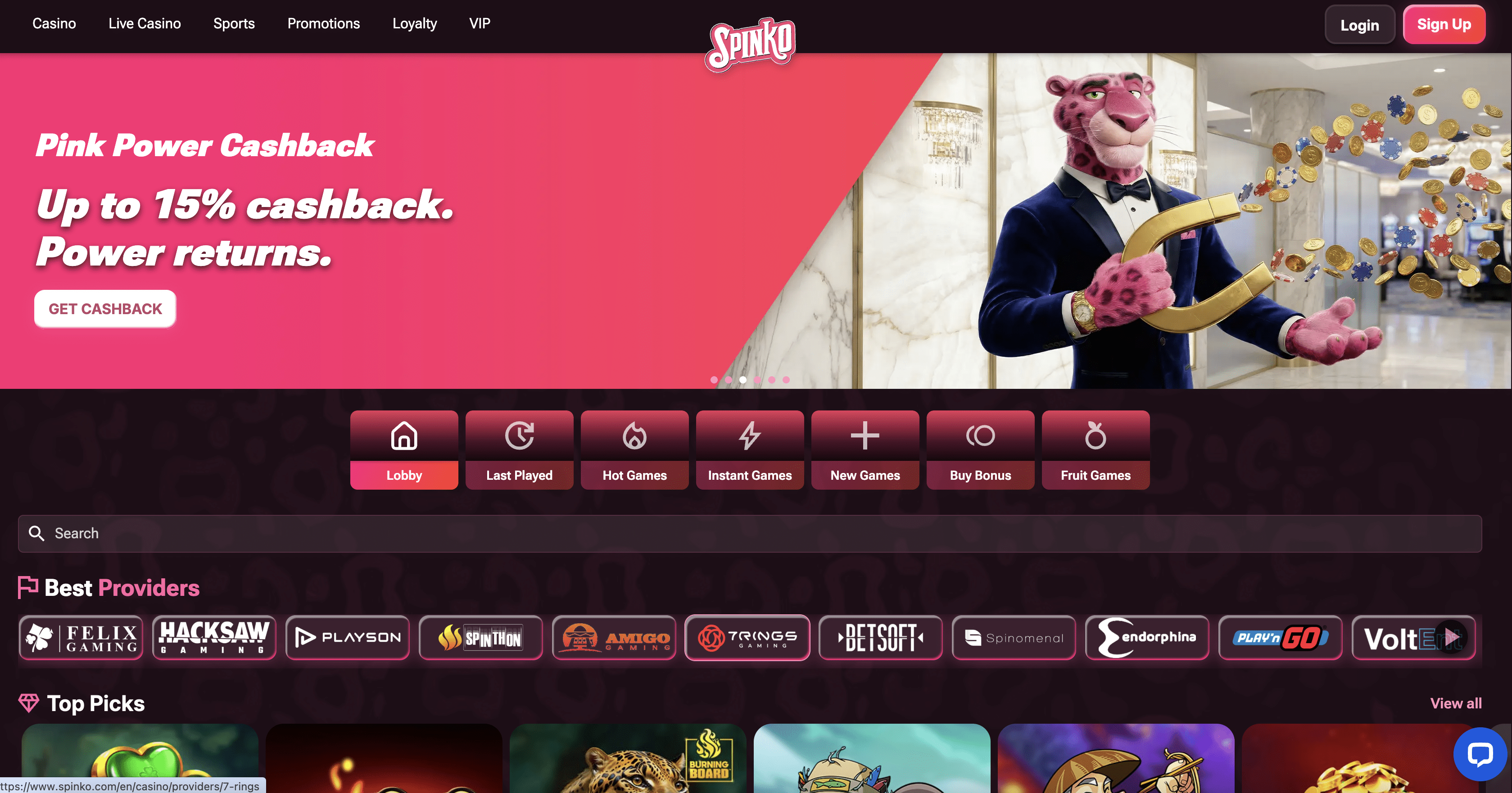 Spinko Casino homepage screenshot