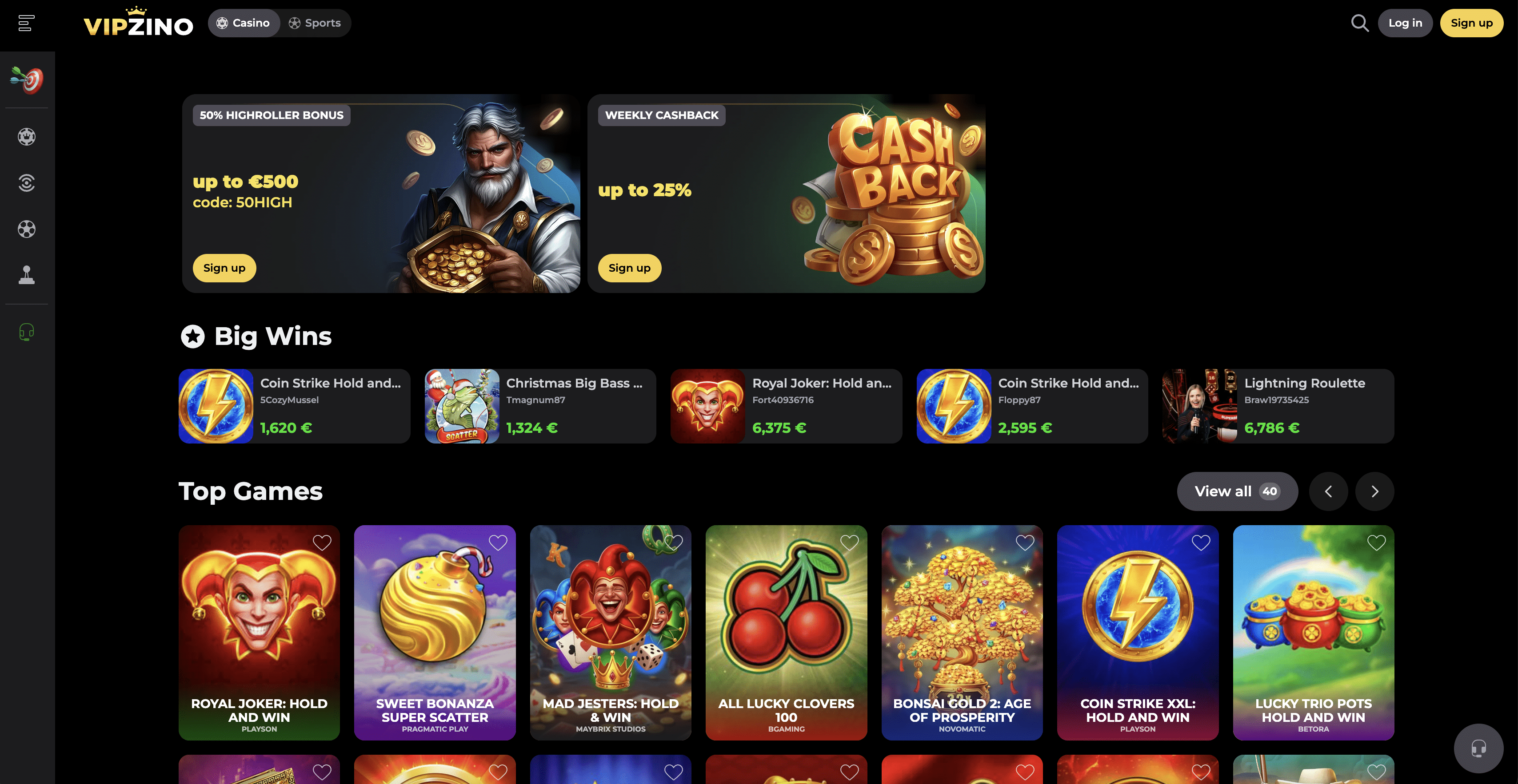 Vipzino casino homepage screenshot