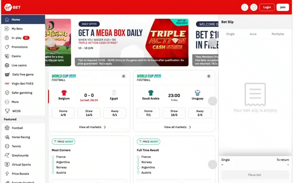 Virgin Bet sportsbook home screen on mobile