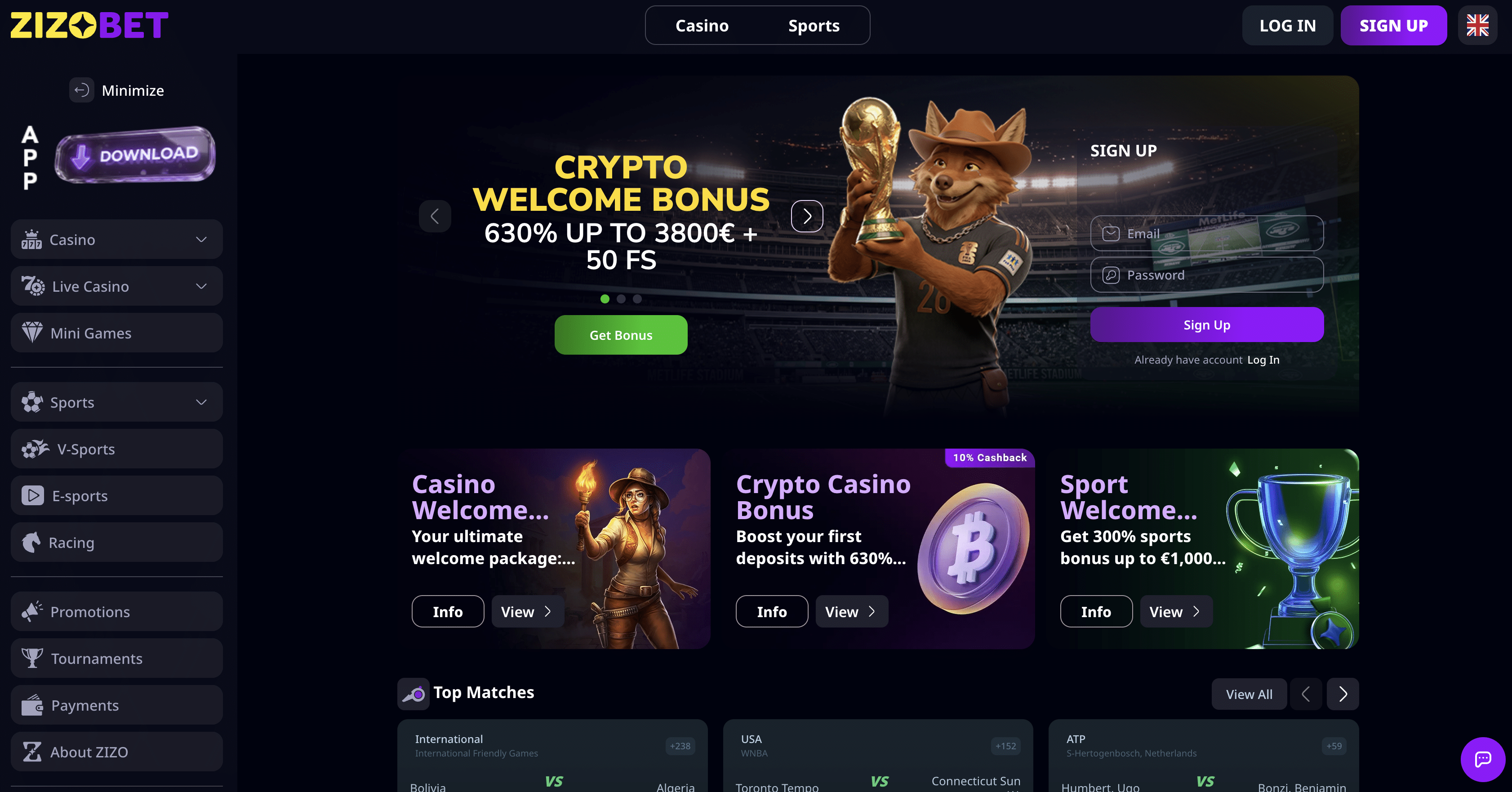 Zizobet casino homepage showing the games lobby and sportsbook