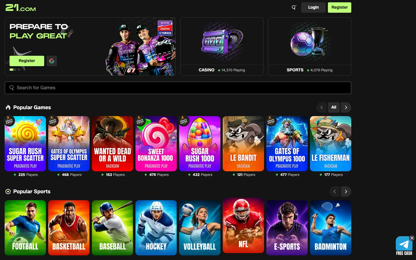 21.com, a 2018 casino now trading as a crypto casino and sportsbook, real homepage screenshot showing the green wordmark, the MotoGP welcome banner and the popular games row