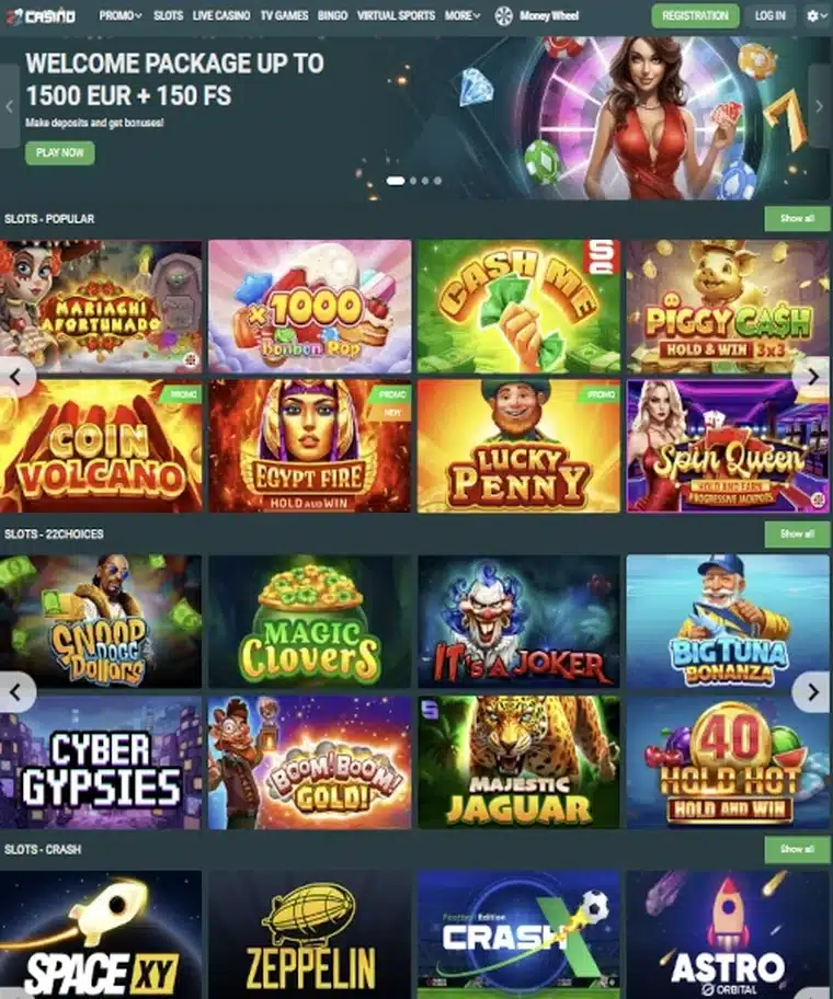 22Casino lobby showing slot games, live casino and the welcome package