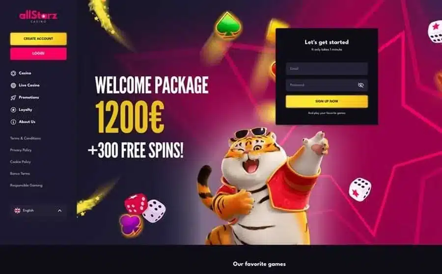 AllStarz Casino homepage showing the welcome package and sign-up panel