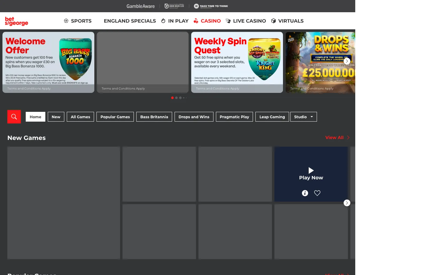 Bet St George, a UK casino and sportsbook licensed in December 2025, real screenshot of its casino lobby showing the welcome offer and the Bass Britannia category