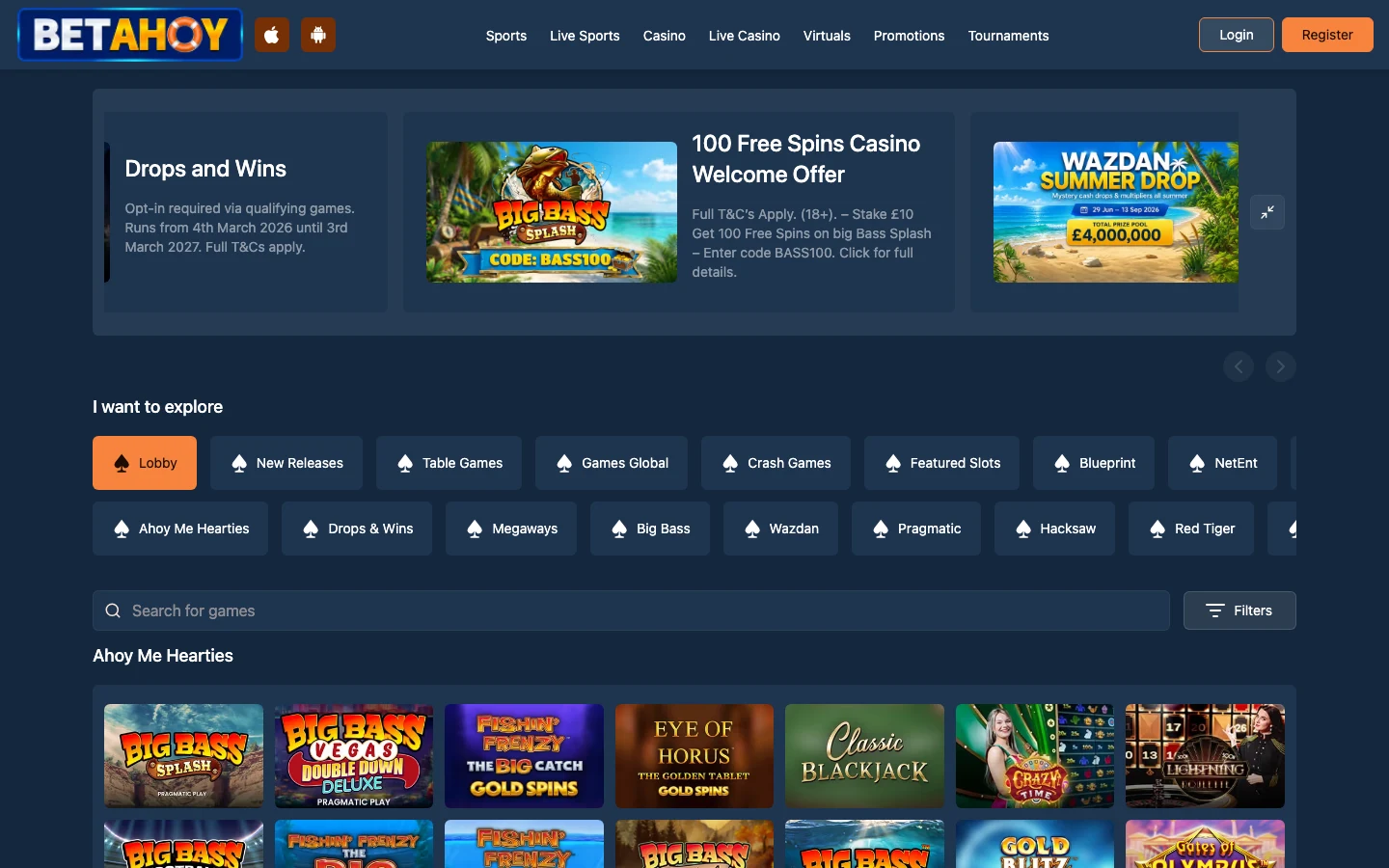 BetAhoy, a new UK online casino licensed in December 2025, real screenshot of its casino lobby showing the welcome offer and game provider categories