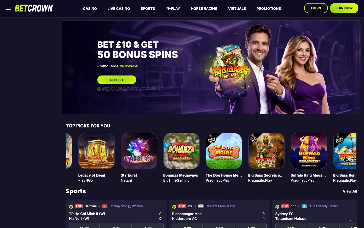 BetCrown Casino homepage screenshot showing the bonus spins promotion and the top picks games row