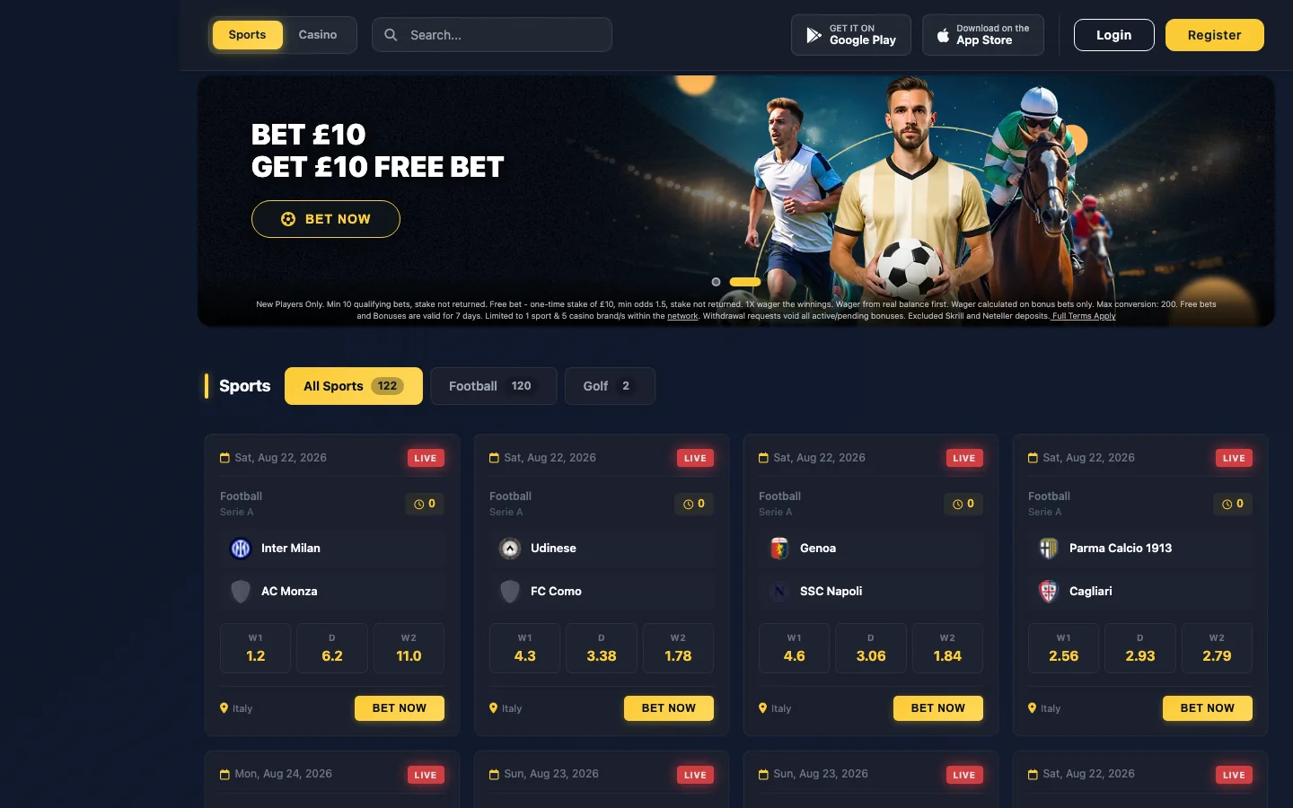 Betmaze homepage screenshot showing the free bet promotion and live football odds