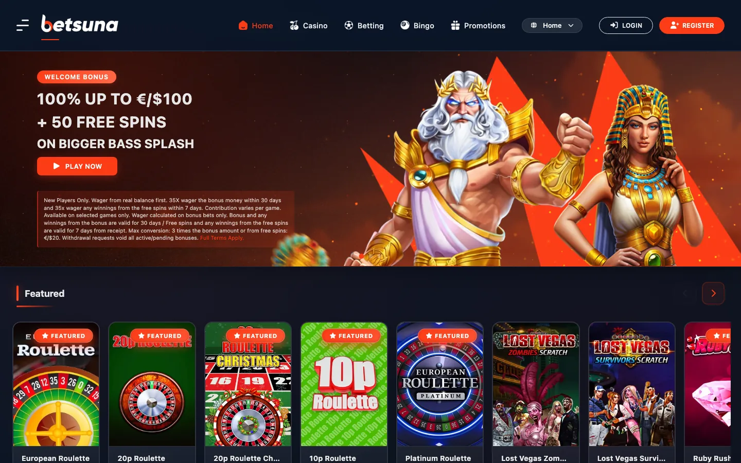 BetSuna, a UK casino launched in 2026 on ProgressPlay's licence, real homepage screenshot showing the welcome bonus and featured roulette games