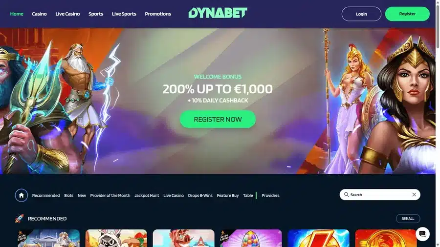 Dynabet homepage showing its welcome bonus banner and game categories