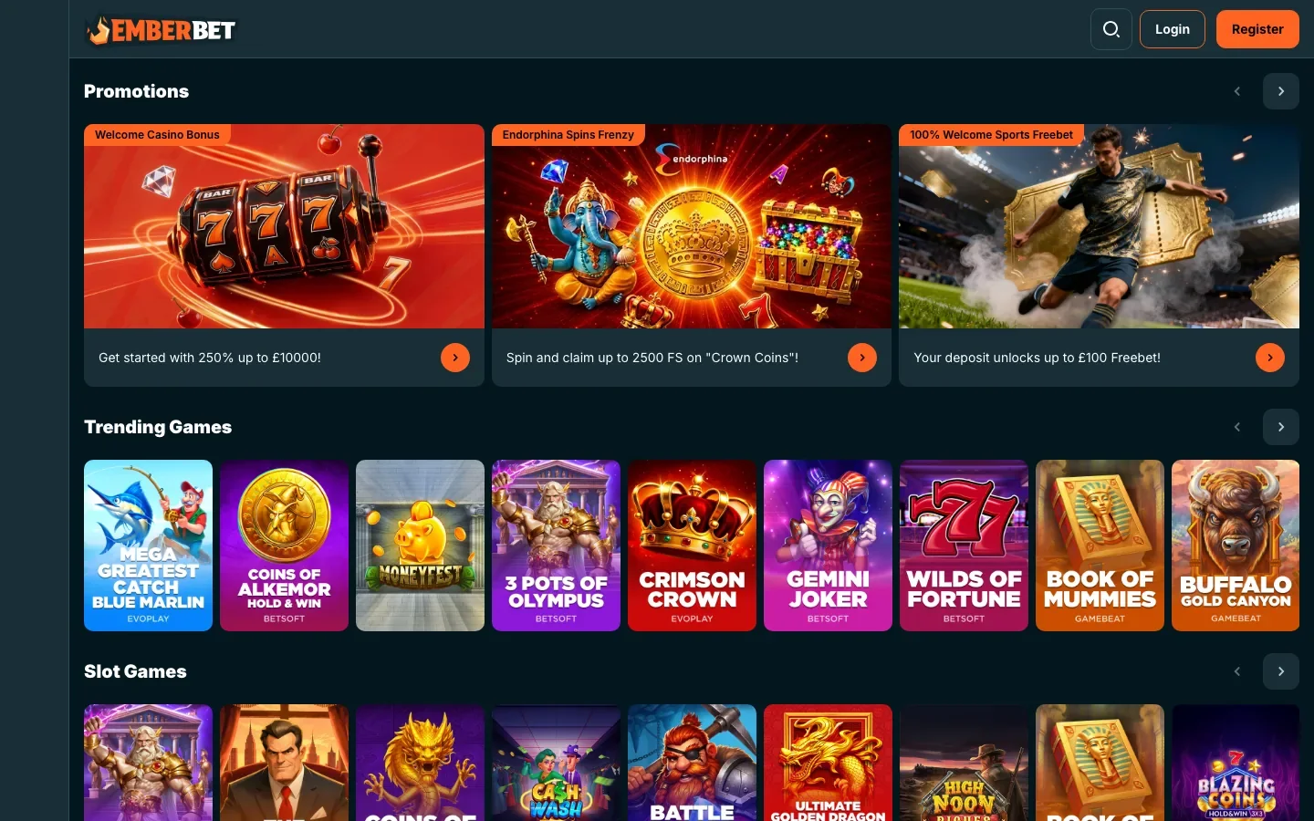 Emberbet, a new online casino launched July 2026, real homepage screenshot showing the promotions carousel and trending games lobby
